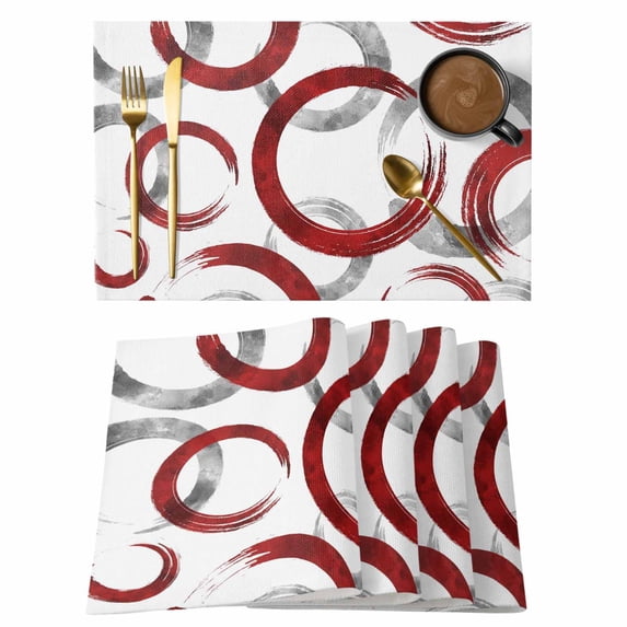 Red Grey Placemats Set of 12, Geometric Circle Modern Abstract Simple Art Placemats for Dining Table, Place Mats for Kitchen Tabletop, Waterproof Wipeable Dining Table Mats Set