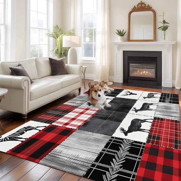 Red Grey Plaid Area Rug 5x8 FT, Non Slip Bedroom Throw Carpet, Farmhouse Animals Tree Rustic Washable Soft Floor Carpet Non-Shedding Rug for Living Room Nursery Dorm Office