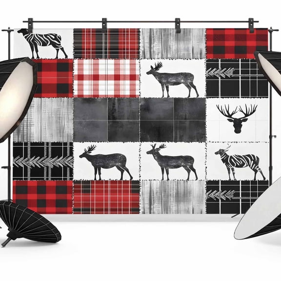 Red Grey Plaid Backdrop for Photoshoot, Photography Photo Studio Background Wall Backdrop, Farmhouse Animals Tree Rustic Back Drop Banner Panel for Portraits Wedding Party Live Streaming Decor 7x5Ft