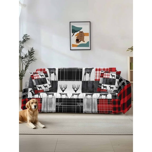 Red Grey Plaid Couch Cover, Farmhouse Animals Tree Rustic Oversized Sofa Cover Blanket for 3 Cushion Couch,Sectional Sofa Slipcover Furniture Protector for Living Room Bedroom 71''x150''
