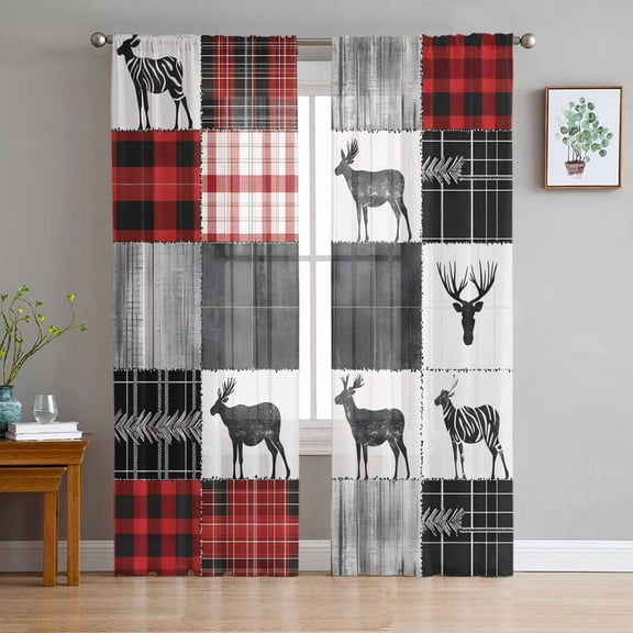 Red Grey Plaid Sheer Curtains 63 Inches Length 2 Panels Set, Window Sheer Curtains for Living Room/Bedroom, Farmhouse Animals Tree Rustic Light Filtering Rod Pocket Curtain 52'' x 63'' x 2