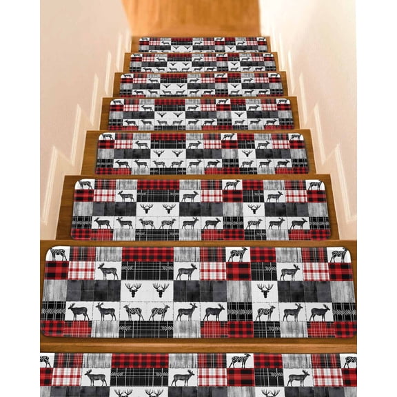 Red Grey Plaid Stair Treads for Wooden Steps Indoor Runner Rug Carpet, Farmhouse Animals Tree Rustic 4 Pieces Peel and Stick Staircase Step Treads Covers Washable Throw Door Mats, 30"x8"