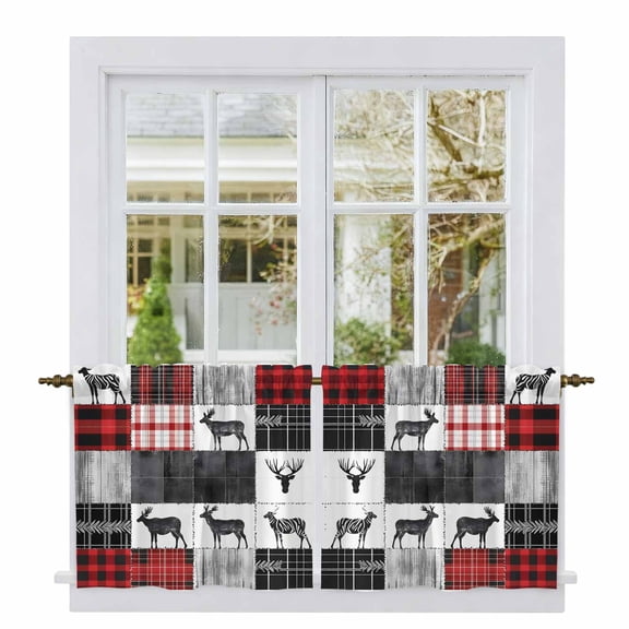 Red Grey Plaid Tier Curtains, Farmhouse Animals Tree Rustic Light Filtering Kitchen Curtains, 2Pcs Rod Pocket Half Window Treatments Panels for Sink Cafe Cabinet Camper 27.5x24 Inches