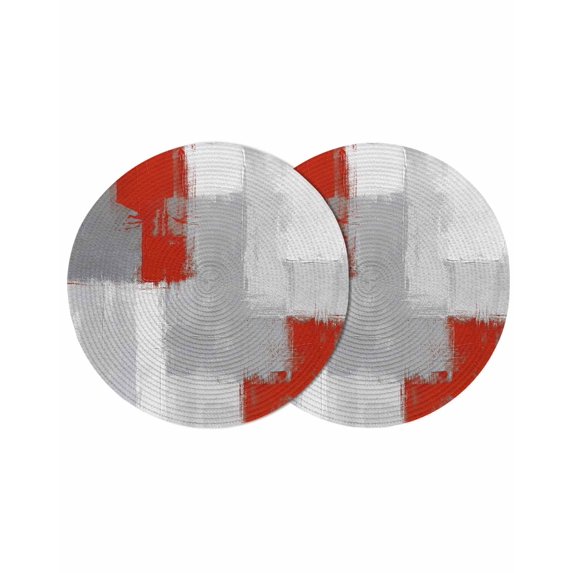 Red Grey Round 13 Inch Placemats Set of 2, Abstract Geometric Color Block Oil Painting HeatResistant Non Slip Place Mats for Dining Table, Wipeable Braided Kitchen Table Mats for Housewarming