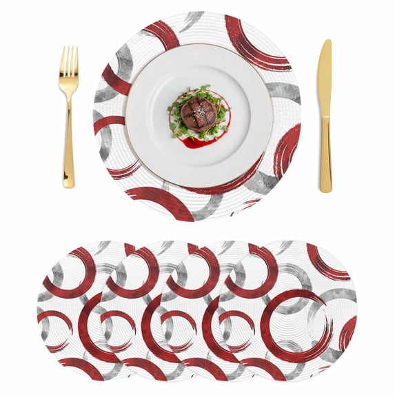 Red Grey Round 15 Inch Placemats Set of 4, Geometric Circle Modern Abstract Simple Art HeatResistant Non Slip Place Mats for Dining Table, Wipeable Braided Kitchen Table Mats for Housewarming
