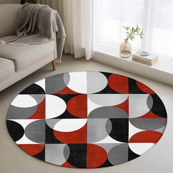Red Grey, Round Area Rug 3.3 FT, Non Slip Small Entryway Kitchen Mat, Abstract Retro Middle Century Geometric Art Washable Soft Circular Rug Non-Shedding Door Mat for Bathroom Playroom Kids Room