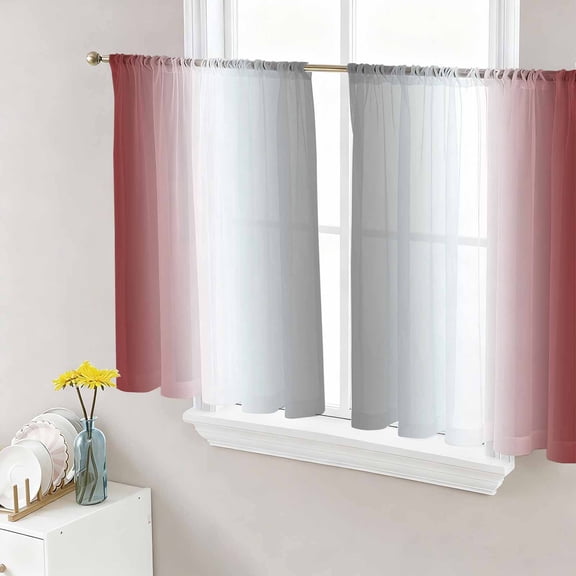 Red Grey Semi Sheer Curtains 45 Inch Length 2 Panels Set, Gray Farmhouse Modern Rustic Sheer Kitchen Curtain Privacy Voile Window Curtain for Living Room Bedroom Rod Pocket Drapes