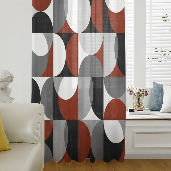 Red Grey, Semi Sheer Curtains Drapes for Living Room, Bedroom, French Doors Window 45 Inches Long, Abstract Retro Middle Century Geometric Art Rod Pocket Chiffon Curtain Drapery Voile Drape Panel