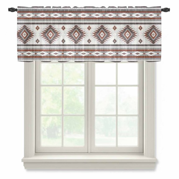 Red Grey Semi Sheer Valance Curtains Southwestern Native Aztec Ethnic Style Geometric Voile Valances Curtain Rod Pocket Small Window Treatment for Kitchen Bathroom Cafe 42"x12"