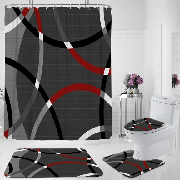 Red and Grey Shower Curtain Set Black Gray White Abstract Modern Geometric Mens Boys Art Aesthetic Fun Bathroom Decor with Non-Slip Rugs Toilet Lid Cover U Shape Mat 12 Hooks Fabric (72Wx72L)