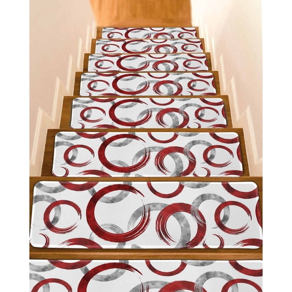 Red Grey Stair Treads for Wooden Steps Indoor Runner Rug Carpet, Geometric Circle Modern Abstract Simple Art 4 Pieces Peel and Stick Staircase Step Treads Covers Washable Throw Door Mats, 30"x8"
