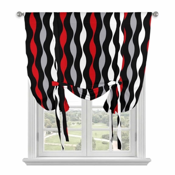 Red Grey Striped Tie Up Curtains for Window, Thermal Insulated Balloon Shade Adjustable Rod Pocket Curtains Valance Panels for Kitchen Bathroom Cafe 34 x 45 Modern Abstract Geometric Stripes