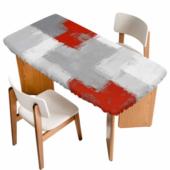 Red Grey Table Cloths for 3 Foot Rectangle Tables, Abstract Geometric Color Block Oil Painting Patio Waterproof Elastic Fitted Tablecloths, Washable Rectangular Table Cover for Camping
