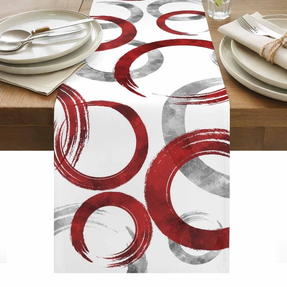 Red Grey Table Runner - 70 Inch Long, Kitchen Dining Table Runner Dresser Scarves, Geometric Circle Modern Abstract Simple Art Farmhouse Decor for Coffee Tables Wedding Party Banquet