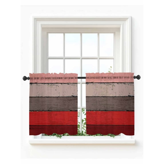 Red Grey Tier Curtains 36 Inch Length,Sheer Curtains for Bedroom Living Room Window Vintage Stripe Farmhouse Wood Grain Ombre Rod Pocket Drapes Kitchen Curtains Small Half Window 27.5"x36" 2 Panels