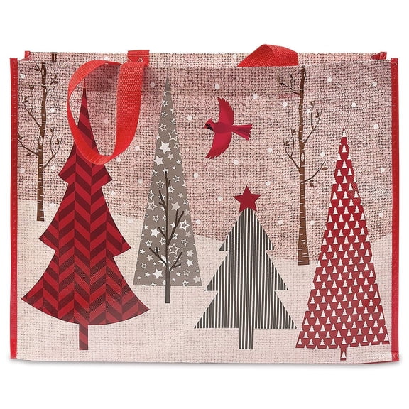 Red & Grey Trees Large Shopping Tote Bag - 13" x 16" x 5" Reusable Durable Gift Bag, Lightweight, Eco-Friendly