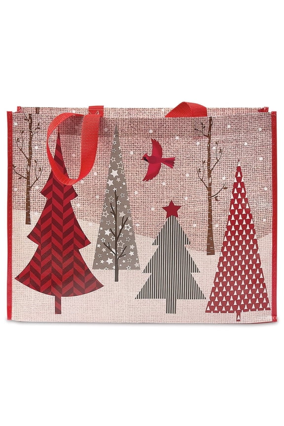 Red & Grey Trees Large Shopping Tote Bag - 13" x 16" x 5" Reusable Durable Gift Bag, Lightweight, Eco-Friendly