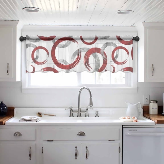 Red Grey Valance Curtains for Kitchen/Living Room/Bathroom/Bedroom Window, Geometric Circle Modern Abstract Simple Art Rod Pocket Small Topper Half Short Window Curtains Voile Sheer Scarf 42"x12"