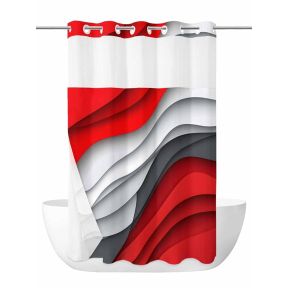 Red Grey Waves No Hook Shower Curtain and Liner Set Abstract Water Ripple Modern Gradient Shower Curtains with Snap-in Liner & See Through Top Window Hotel Style for Bathroom Decor 36x72 Inch