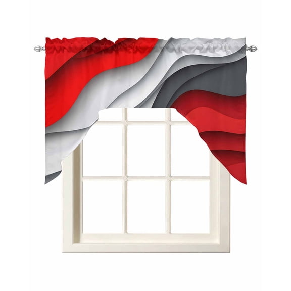 Red Grey Waves Swag Valance and Tier Curtains Set Abstract Water Ripple Modern Gradient Kitchen Curtains 3 Piece Set Rod Pocket Panels for Bedroom Cafe 56x36 inch