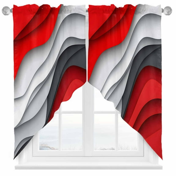 Red Grey Waves Swag Valances for Windows 2 Pack Abstract Water Ripple Modern Gradient Swag Kitchen Curtains 36 Inches Long Rod Pocket Short Window Treatment for Kitchen Bathroom 28"x36"