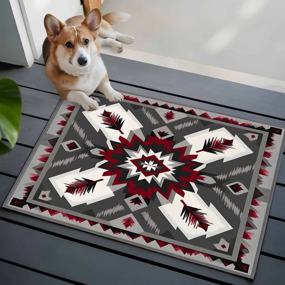 Red Grey White 2x3 Area Rugs for Living Room, Bohemian Ethnic Vintage Texture Non Slip Floor Mat Washable Low-Profile Indoor Carpet for Bedroom, Dining Room, Bathroom