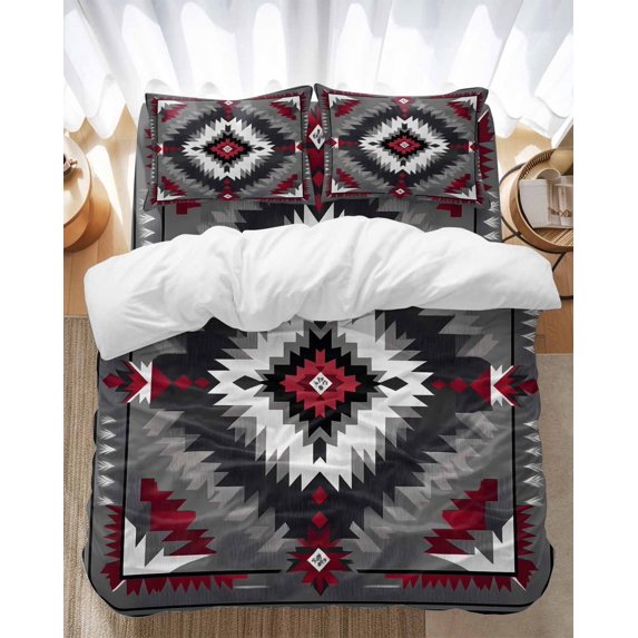 Red Grey White Bedding Duvet Cover Set King Size 4 Pieces Vintage Bohemian Ethnic Texture Bedding Set with Zipper Closure, 1 Comforter Cover 92x106 Inches 1 Flat Sheet & 2 Pillow Cases