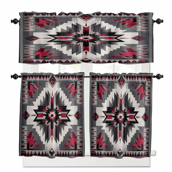 Red Grey White Pattern Kitchen Curtains Valances and Tiers Set of 3, 36 Inch Length Tier Curtains and Valance Rod Pocket Valance Curtains Set for Kitchen Bathroom Small Windows