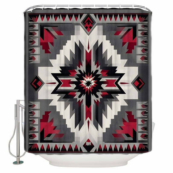 Red Grey White Pattern Shower Curtain, 66" x 72", Bohemian Ethnic Vintage Texture Waterproof Bathroom Curtain Washable Shower Curtain Set with 12 Hooks