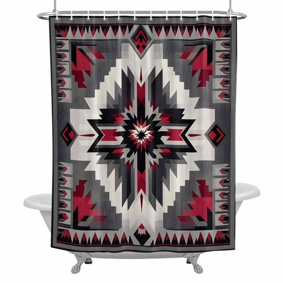 Red Grey White Pattern Shower Curtain for Bathroom, Bohemian Ethnic Vintage Texture Waterproof Cloth Fabric Bathroom Accessories Set with 12 Rust Proof Plastic Hooks, 48"x72"