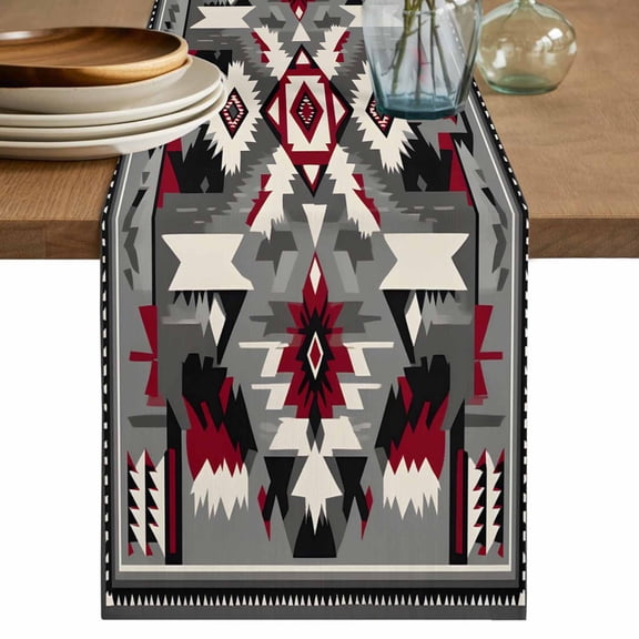 Red Grey White Table Runner, Bohemian Ethnic Texture Retro Cotton Linen Kitchen Table Decoration Washable Dining Tabletop Runners for Home Party Decor 13x48 Inches