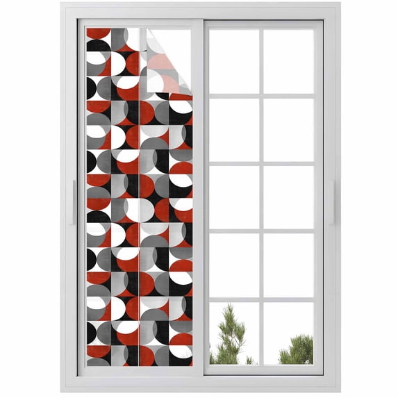 Red Grey Window Privacy Film, Abstract Retro Middle Century Geometric Art Static Cling UV Sun Blocking Heat Control Window Tint, Non-Adhesive One Way Windows Privacy Cover 17.7''x78.7''