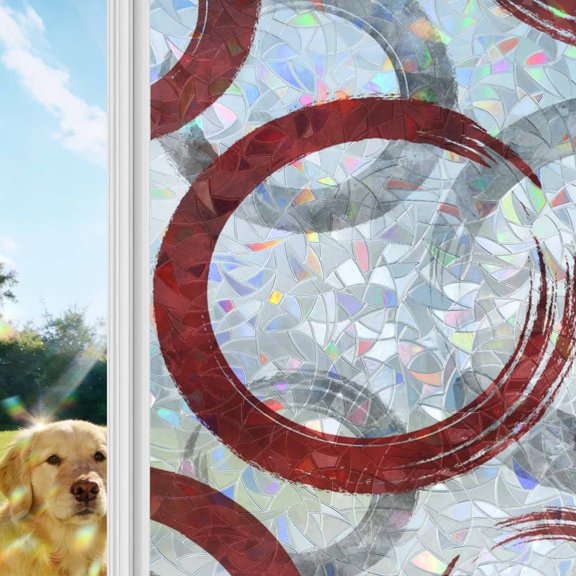 Red Grey Window Privacy Film Stain Glass,Reusable Decorative Rainbow Window Film,Geometric Circle Modern Abstract Simple Art Static Cling Sun Blocking Stickers Decals Covers 35.4" x 78.7" (3pcs)