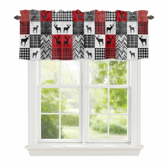 Red Grey Window Valance for Kitchen, Abstract Vintage Deer Check Plaid Rod Pocket Short Curtain for Small Windows, Light Filtering Decorative Valance, 42 x 12 Inch, 1 Panel