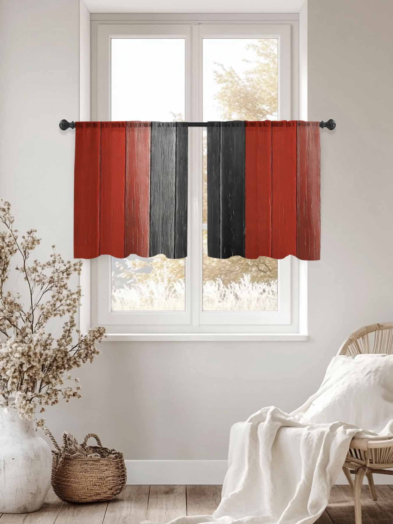 Red Grey Wood Grain Sheer Curtains 45 Inches Long 2 Panels, Semi Sheer ...