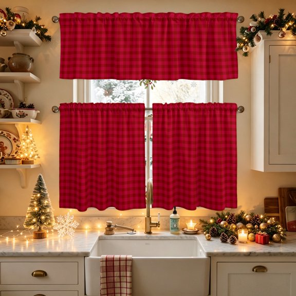 Red Grid Kitchen Curtains and Valances Set, Modern Scarlet Red Gingham Check Square Plaid 3 Piece Curtains Valances and Tiers Set Rod Pocket for Kitchen Bathroom Windows 24 Inch