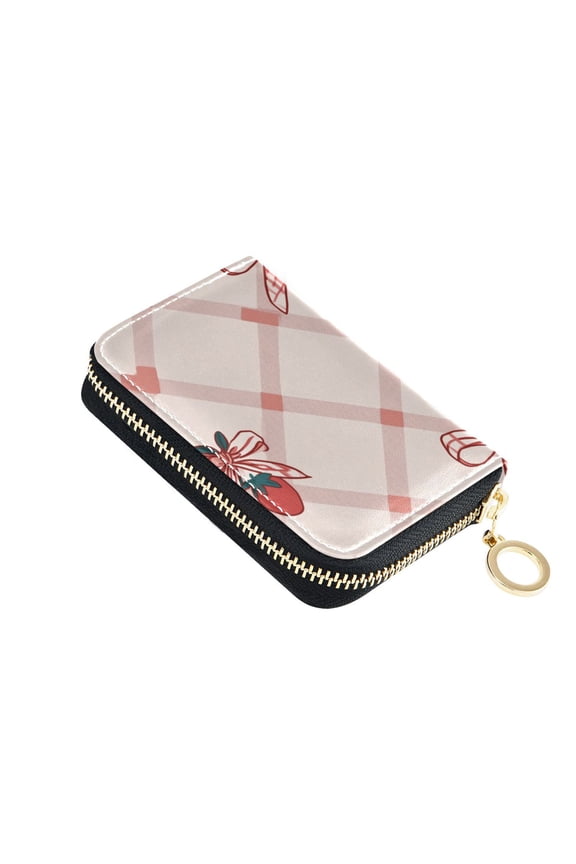 Red Grid Strawberries with Bows Women's Credit Card Holder PU Leather Zipper Wallet RFID Blocking