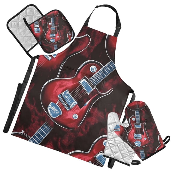 Red Guitars Oven Mitts and Pot Holders with Chef Apron Set 5 Pcs Kitchen Cooking Set