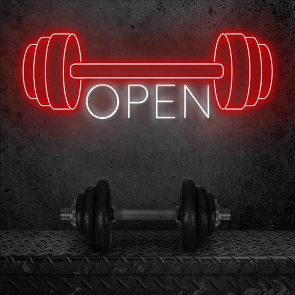 Red Gym Fitness Open Neon Sign, Gym open Led Sign, Weightlifting Led Light, Barbell Neon Light, gym Open Wall Art Decor, House Wall Signs Decor for Business Window Open Signs, Fitness Club Decor