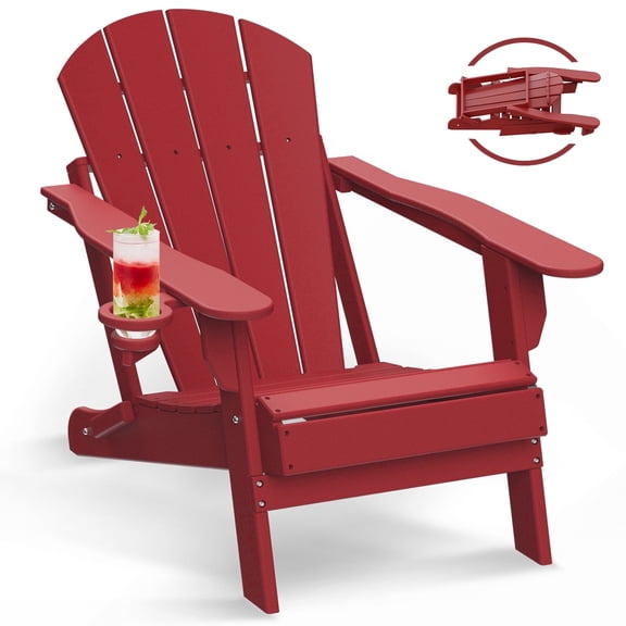 Red HDPE Adirondack Chair - Weather Resistant Fire Pit Seating with Cup Holders for Patio Backyard Deck
