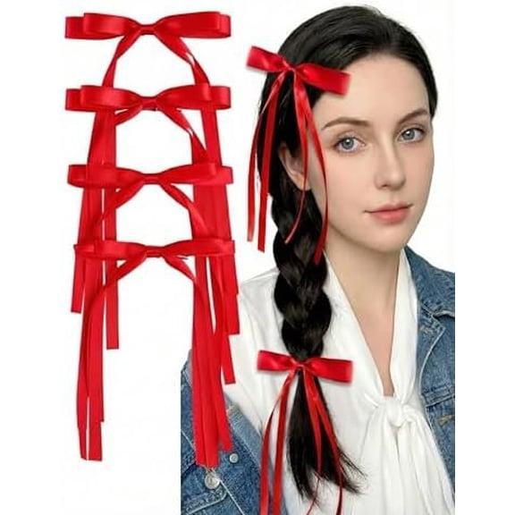 Red Hair Bow Clip for Girls & Women, Satin Ribbon Bows with Long Tails, Aesthetic Ballet Cute Harajuku Hair Accessories for Teens, , to School, Halloween, Christmas Bowknot