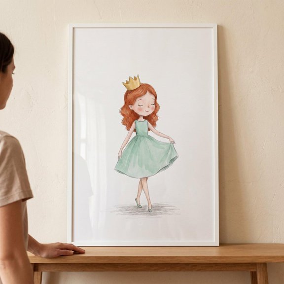 Red Hair Crown Girl Little Princess Mint Green Wall Decor Unframed Paper Print