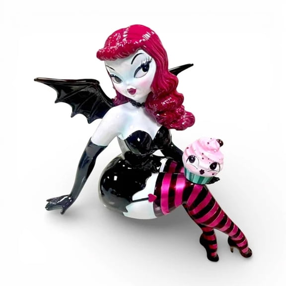 Pastel Goth Bat Girl Figurine,with Cupcake, Gothic Rockabilly Resin Statue, Halloween Home Sculpture for Bedroom & Living Room Tabletop Decor