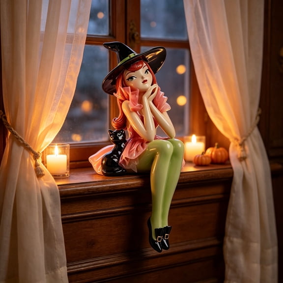 Red Hair Shelf Sitter Witch Girl Figurine with Black Cat, Green Tights Gothic Resin Edge Sitting Witch Statue with Witch Hat, Whimsical Halloween Tabletop Ornament for Home Mantel Shelf Decor