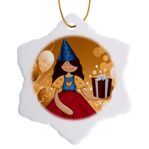 3drose, Red Haired Girl in Gold Red and Blue Birthday Hat Balloons and Gift, 3 inch Snowflake Porcelain Ornament