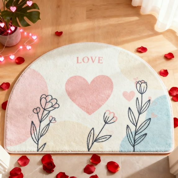 Red Half Circle Bathroom Rug, Absorbent Non-Slip Semicircle Floor Mat For Valentine’S Day Decor, Bathroom, And Bedroom Dirt Protection