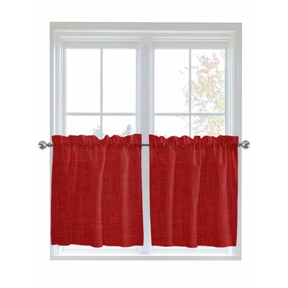 Red Half Window Curtains 24 Inches Long, Farmhouse Burlap Solid Red Color Modern Linen Texture Window Treatment Curtain Drapes, Short Curtains Tiers for Kitchen Over Sink, 27.5"x24", 2 Panels