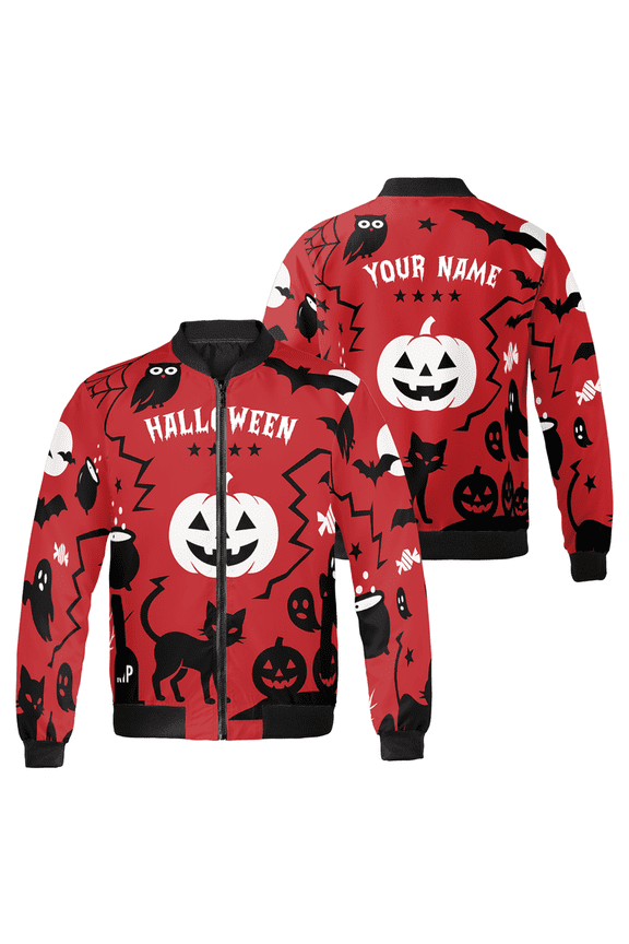 Red Halloween Bomber Jacket – Cute Spooky Pumpkin & Black Cat Print – Personalized Name Custom Halloween Outfit