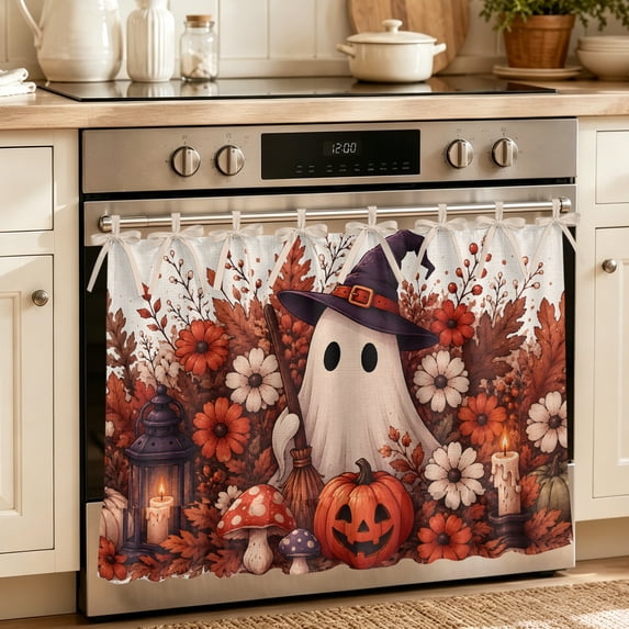 Red Halloween Oven Skirt for Farmhouse Kitchen Décor, Ghost Floral Spook Pumpkins Oven Curtain Tie Top Decorative Stove Skirt, Cabinet Dish Washer Curtains with 8 Ribbon Ties 27"x20"