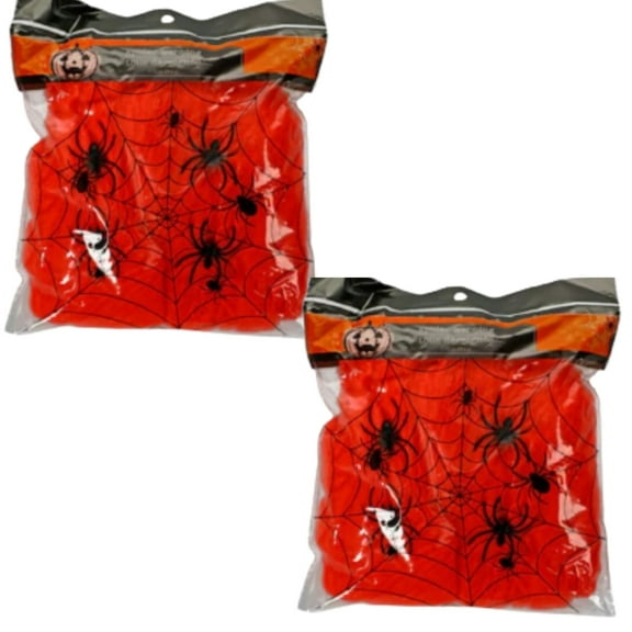 Red Halloween Themed Colored Spider Web Decorations with Plastic Spiders Haunted Horror Houses Seasonal Trick or Treat Spooky Wall Roof Table Room Decoratives Design Ornaments Indoor Outdoor Pack of 2